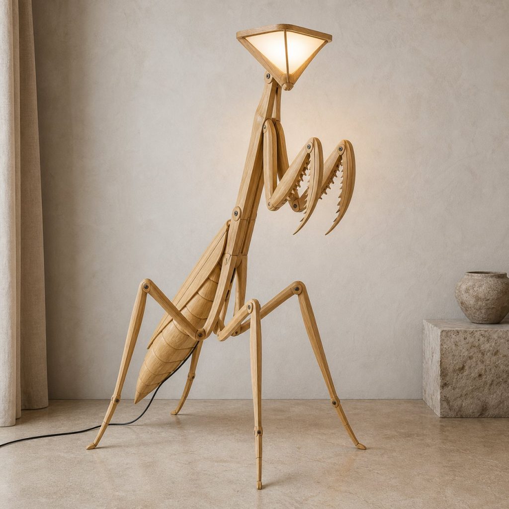 Tall Praying Mantis Floor Lamp shown as an original square photorealistic praying mantis lamp made from natural light-yellow wood with fine grain and warm diffused light