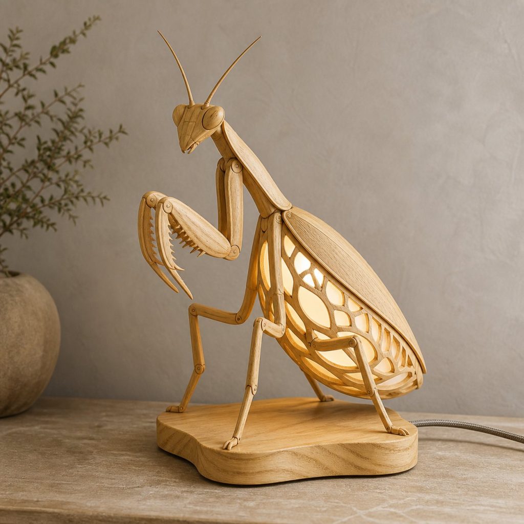 Garden Praying Mantis Lantern shown as an original square photorealistic praying mantis lamp made from natural light-yellow wood with fine grain and warm diffused light