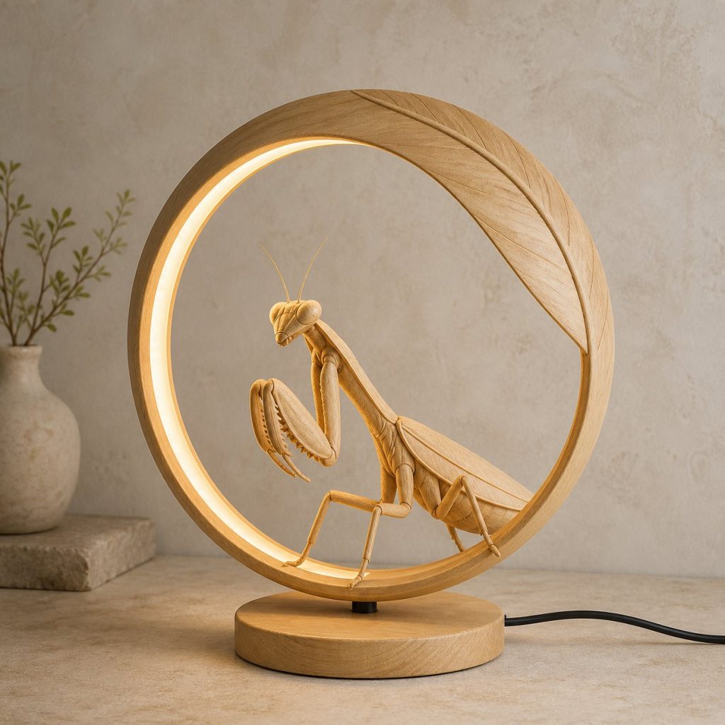 Praying Mantis Leaf-Ring Lamp shown as an original square photorealistic praying mantis lamp made from natural light-yellow wood with fine grain and warm diffused light