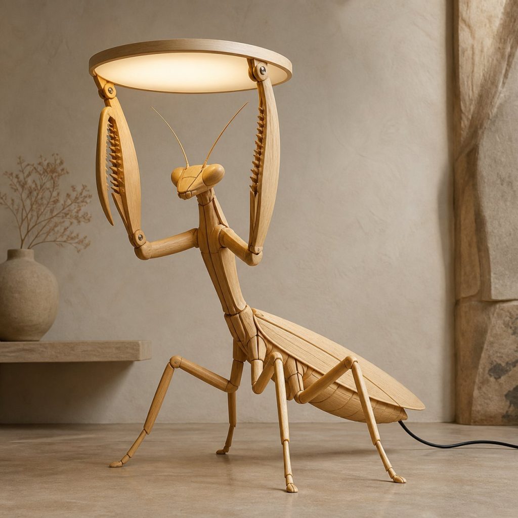 Paired-Foreleg Mantis Floor Lamp shown as an original square photorealistic praying mantis lamp made from natural light-yellow wood with fine grain and warm diffused light