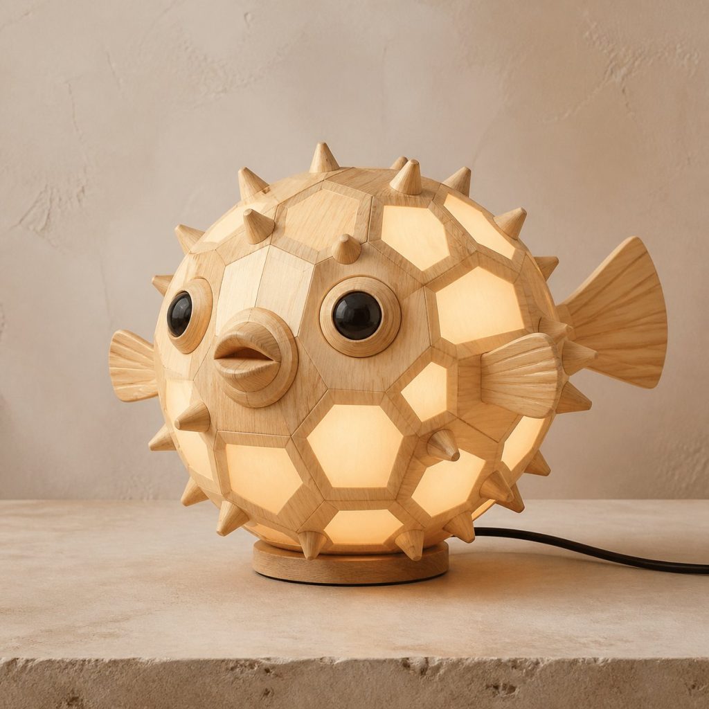 Faceted Pufferfish Lamp shown as an original square photorealistic pufferfish lamp made from natural light-yellow wood with fine grain and warm diffused light