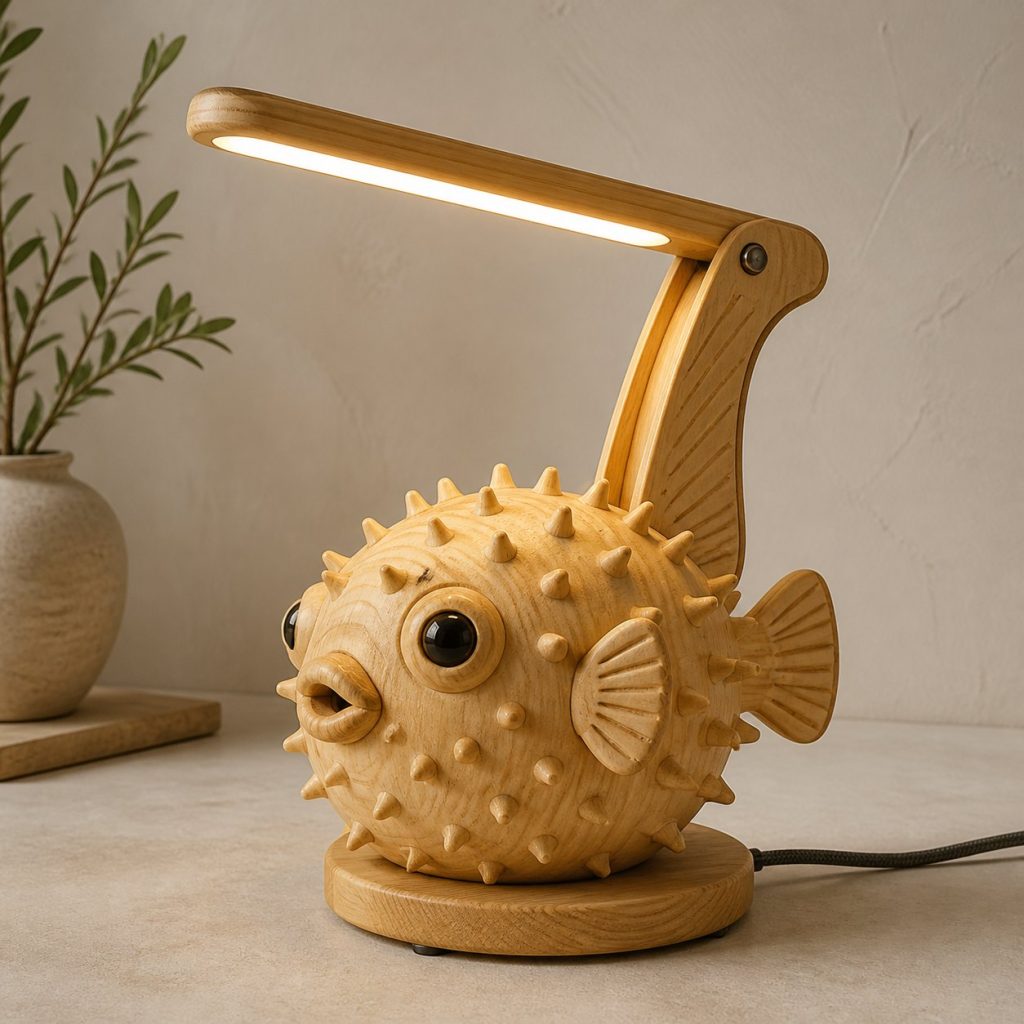 Pufferfish-Fin Desk Task Lamp shown as an original square photorealistic pufferfish lamp made from natural light-yellow wood with fine grain and warm diffused light