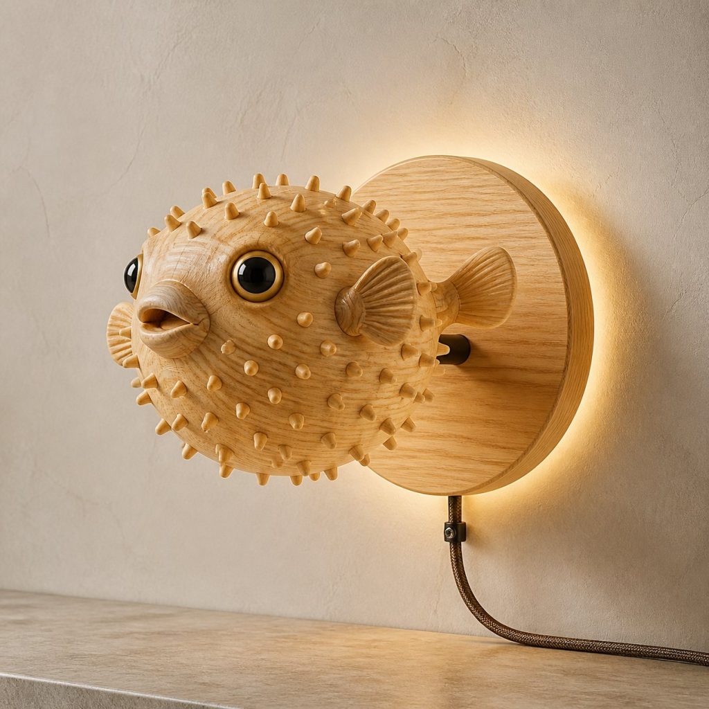 Swimming Pufferfish Wall Sconce shown as an original square photorealistic pufferfish lamp made from natural light-yellow wood with fine grain and warm diffused light
