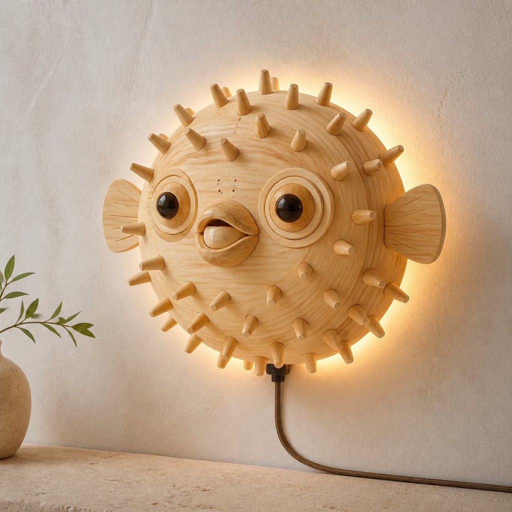 Layered Pufferfish Face Wall Lamp shown as an original square photorealistic pufferfish lamp made from natural light-yellow wood with fine grain and warm diffused light