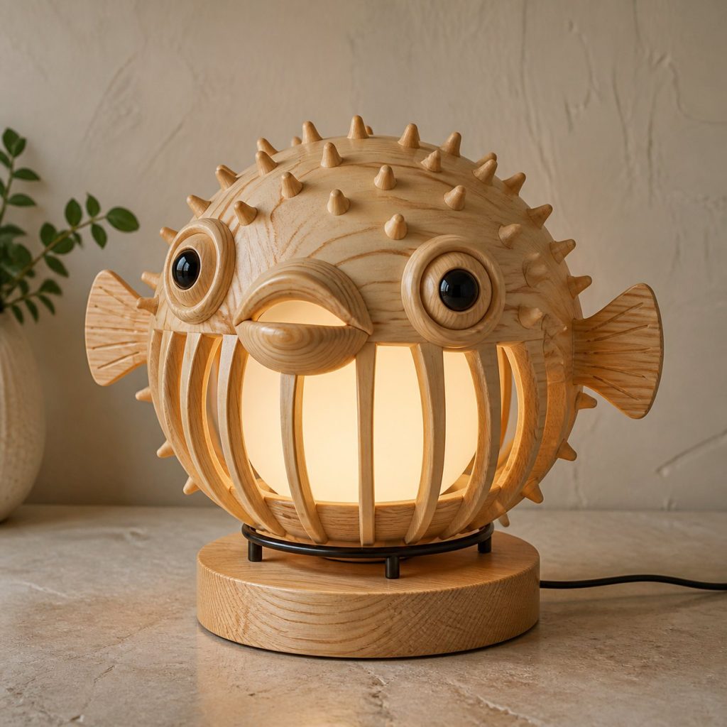 Pufferfish Pearl Orb Lamp shown as an original square photorealistic pufferfish lamp made from natural light-yellow wood with fine grain and warm diffused light