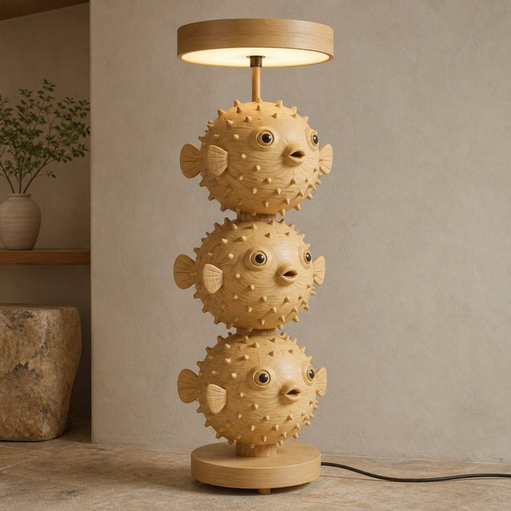 Stacked Pufferfish Floor Lamp shown as an original square photorealistic pufferfish lamp made from natural light-yellow wood with fine grain and warm diffused light
