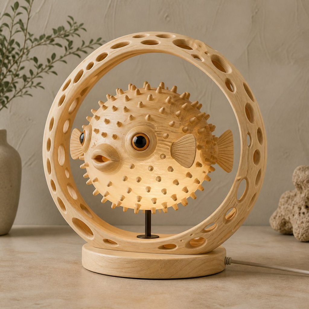 Reef Pufferfish Lantern shown as an original square photorealistic pufferfish lamp made from natural light-yellow wood with fine grain and warm diffused light
