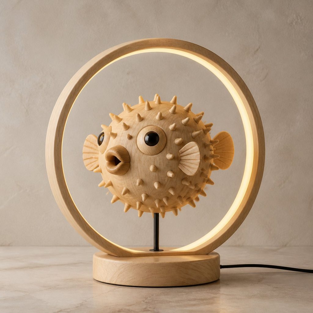 Pufferfish Bubble-Ring Lamp shown as an original square photorealistic pufferfish lamp made from natural light-yellow wood with fine grain and warm diffused light