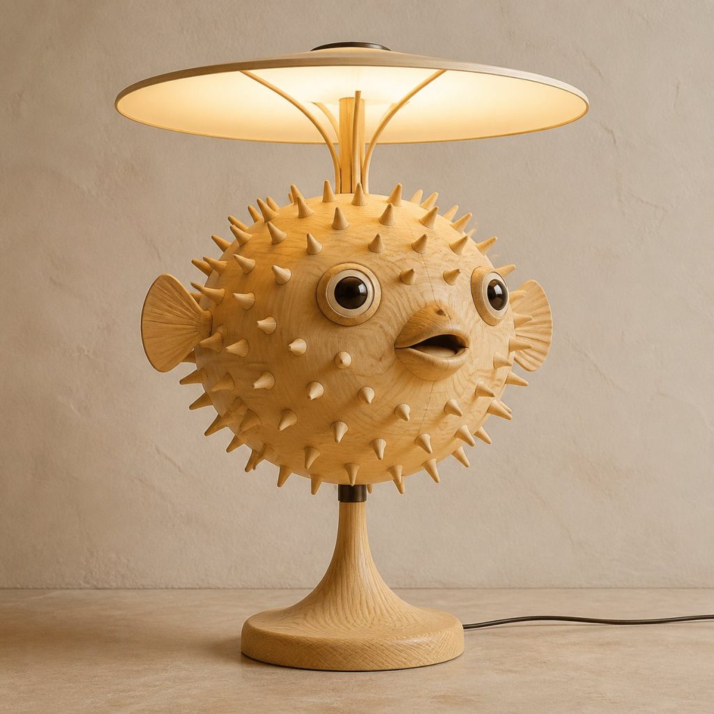 Spiny Pufferfish Floor Lamp shown as an original square photorealistic pufferfish lamp made from natural light-yellow wood with fine grain and warm diffused light