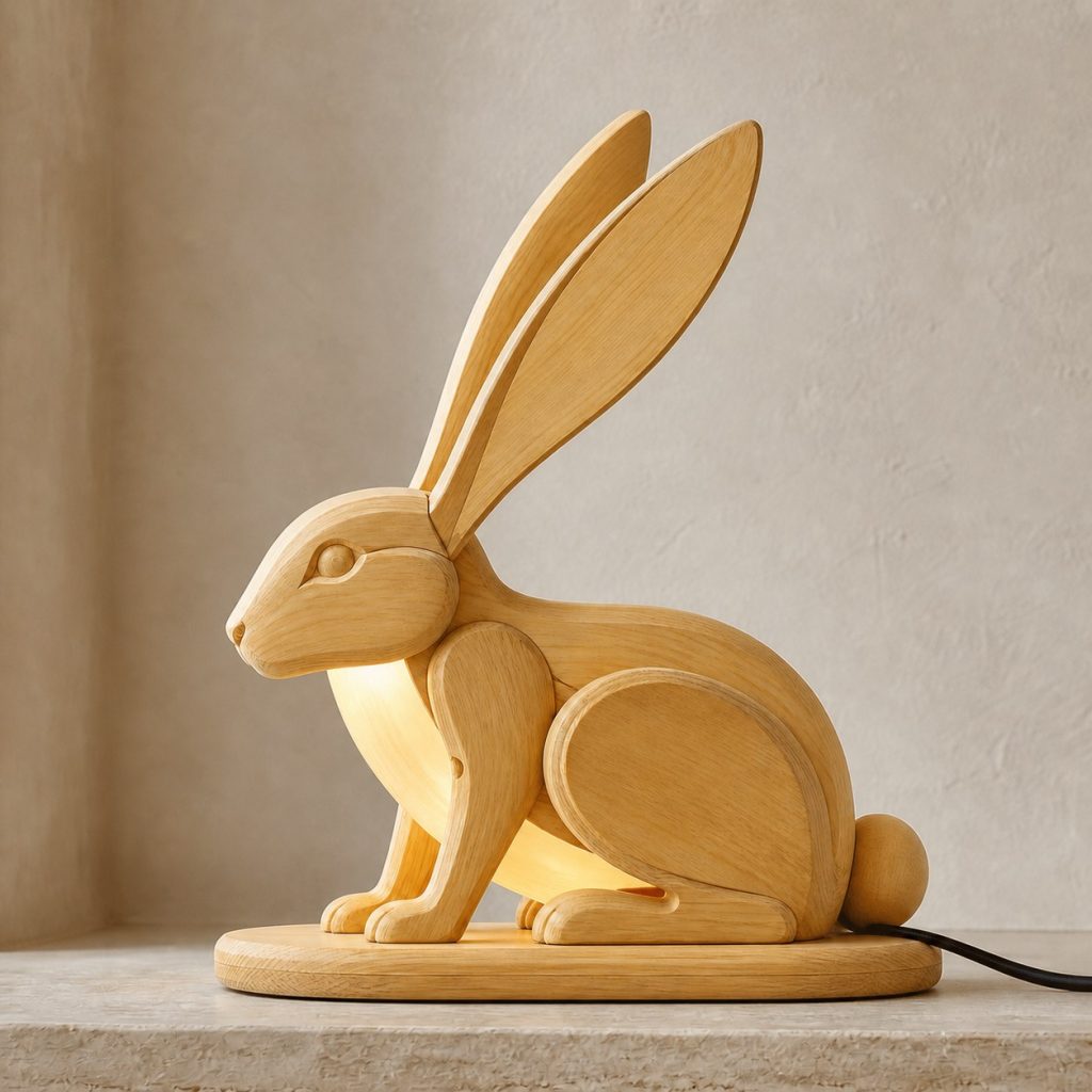 Rabbit Profile Lamp shown as an original square photorealistic rabbit lamp made from natural light-yellow wood with fine grain and warm diffused light