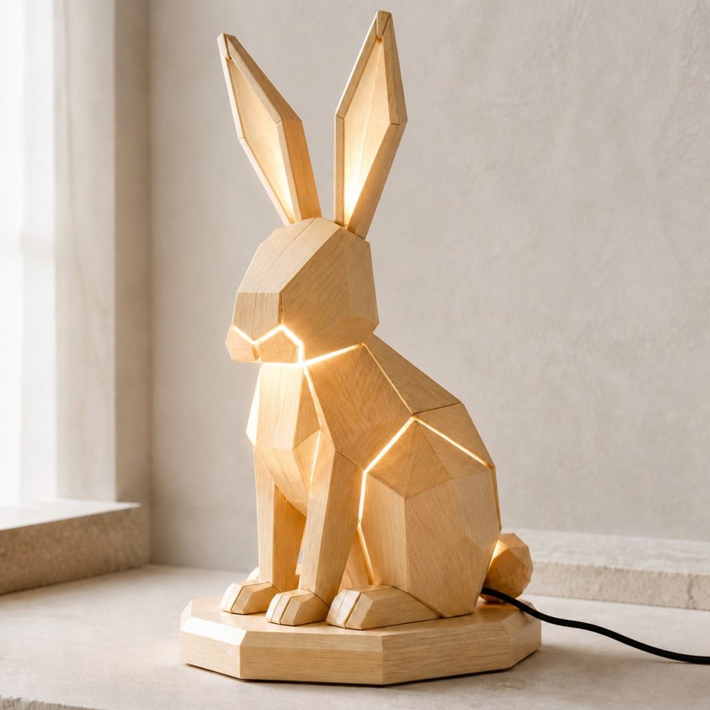 Faceted Rabbit Lamp shown as an original square photorealistic rabbit lamp made from natural light-yellow wood with fine grain and warm diffused light