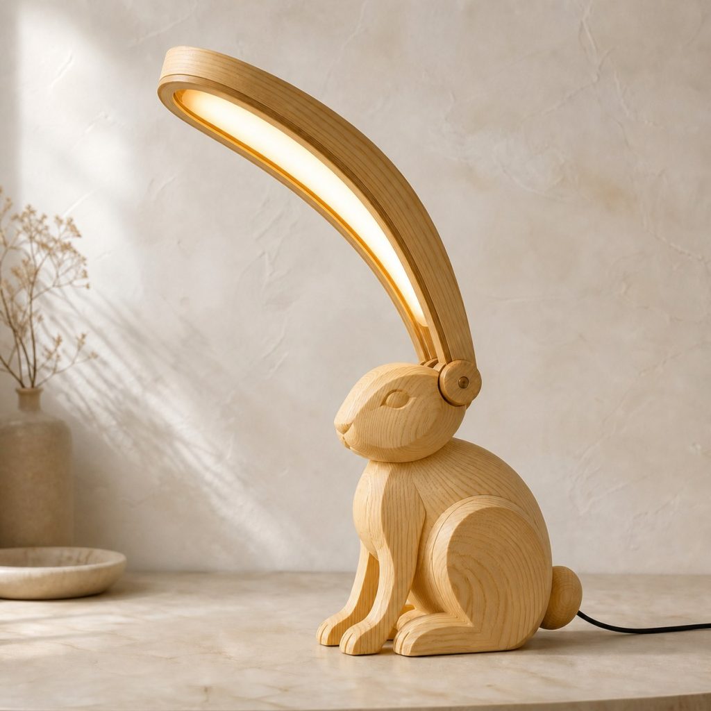 Rabbit-Ear Desk Task Lamp shown as an original square photorealistic rabbit lamp made from natural light-yellow wood with fine grain and warm diffused light