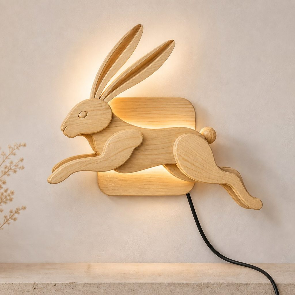 Leaping Rabbit Wall Sconce shown as an original square photorealistic rabbit lamp made from natural light-yellow wood with fine grain and warm diffused light