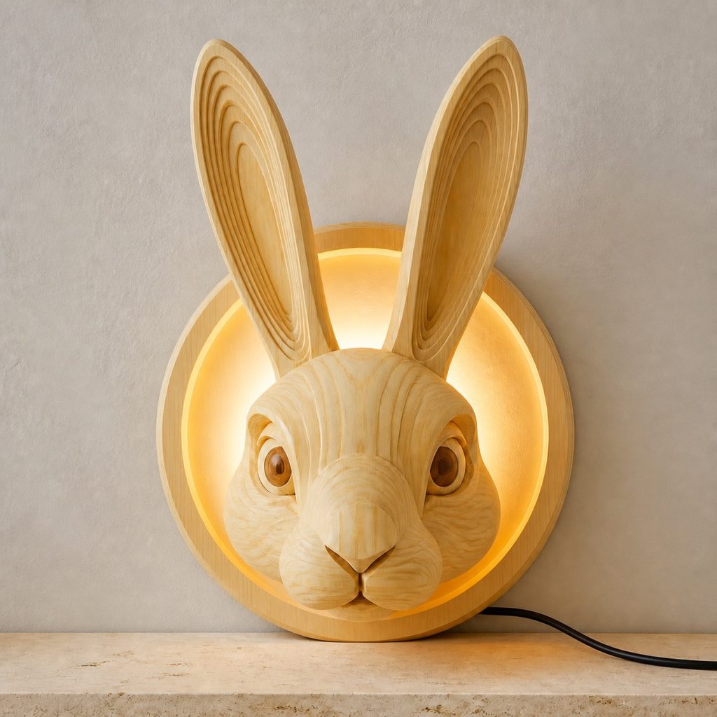 Layered Rabbit Face Wall Lamp shown as an original square photorealistic rabbit lamp made from natural light-yellow wood with fine grain and warm diffused light