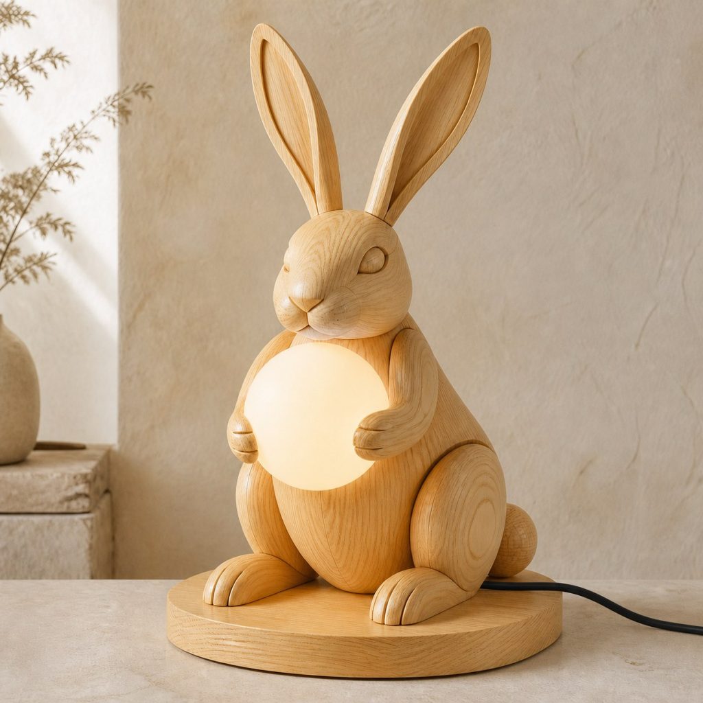 Rabbit Orb Lamp shown as an original square photorealistic rabbit lamp made from natural light-yellow wood with fine grain and warm diffused light