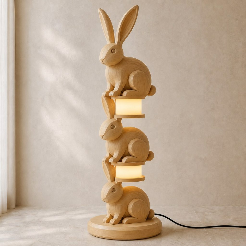 Stacked Rabbit Floor Lamp shown as an original square photorealistic rabbit lamp made from natural light-yellow wood with fine grain and warm diffused light