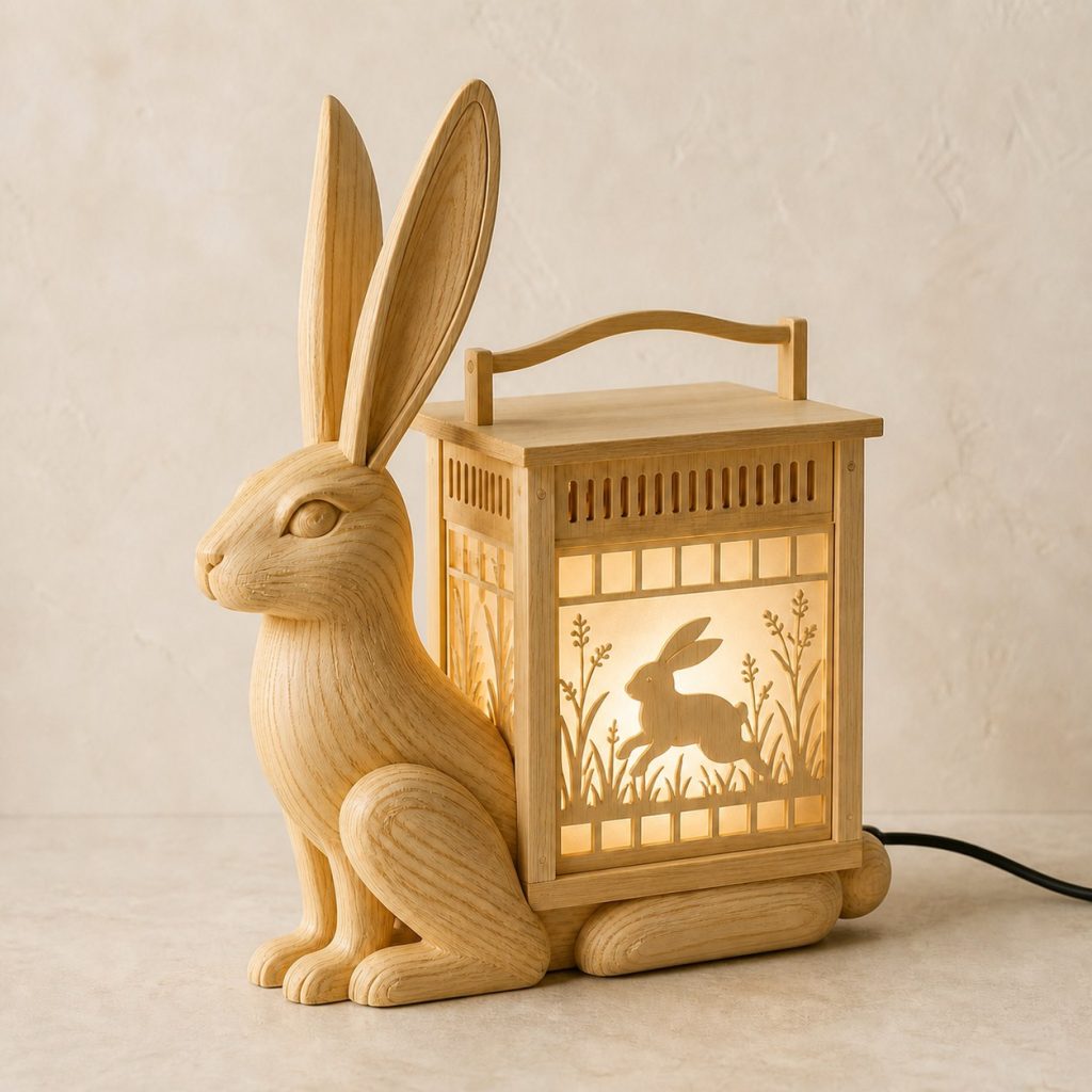 Meadow Rabbit Lantern shown as an original square photorealistic rabbit lamp made from natural light-yellow wood with fine grain and warm diffused light