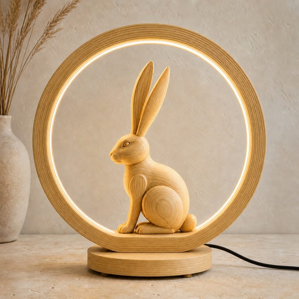 Rabbit Moon-Ring Lamp shown as an original square photorealistic rabbit lamp made from natural light-yellow wood with fine grain and warm diffused light