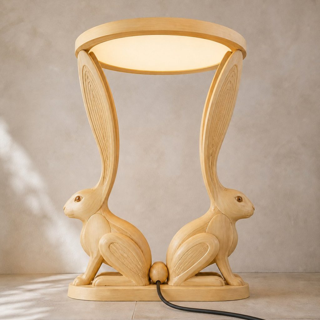 Paired-Ear Rabbit Floor Lamp shown as an original square photorealistic rabbit lamp made from natural light-yellow wood with fine grain and warm diffused light