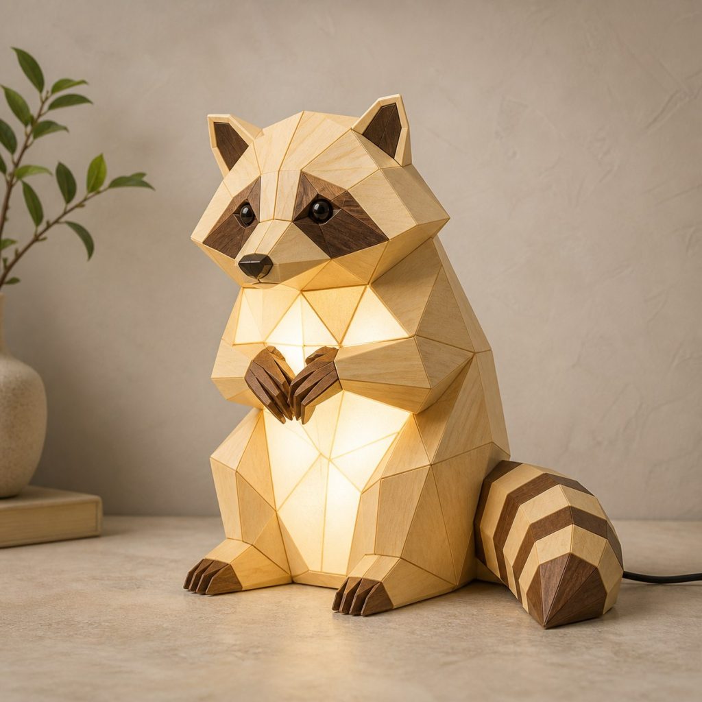 Faceted Raccoon Lamp shown as an original square photorealistic raccoon lamp made from natural light-yellow wood with fine grain and warm diffused light