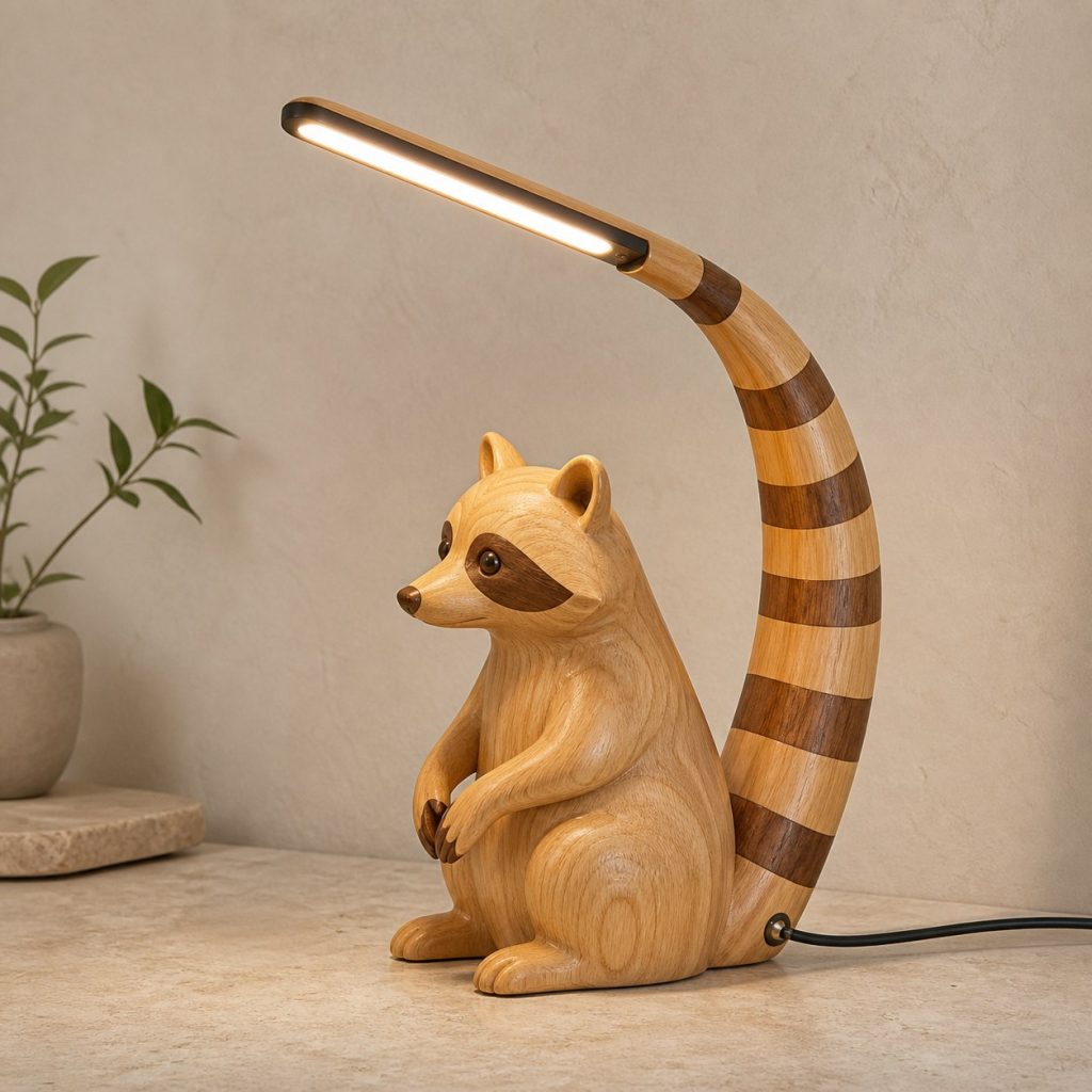 Raccoon-Tail Desk Task Lamp shown as an original square photorealistic raccoon lamp made from natural light-yellow wood with fine grain and warm diffused light