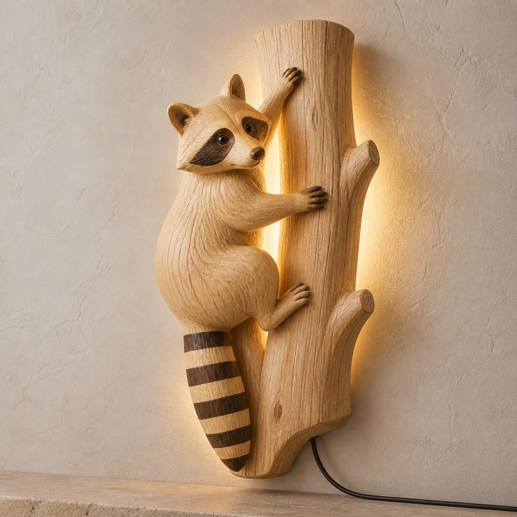Climbing Raccoon Wall Sconce shown as an original square photorealistic raccoon lamp made from natural light-yellow wood with fine grain and warm diffused light