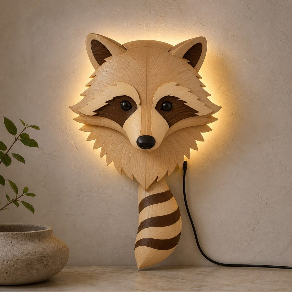 Layered Raccoon Face Wall Lamp shown as an original square photorealistic raccoon lamp made from natural light-yellow wood with fine grain and warm diffused light