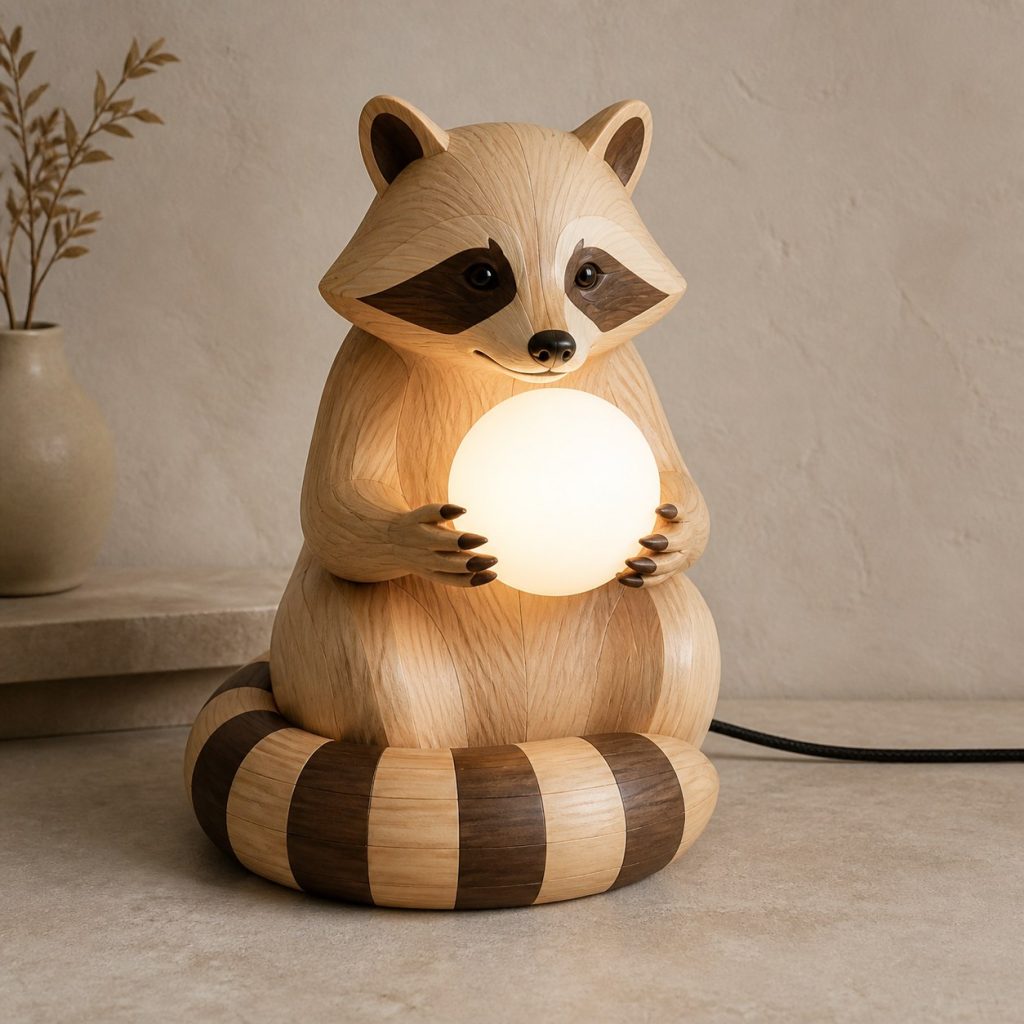 Raccoon Orb Lamp shown as an original square photorealistic raccoon lamp made from natural light-yellow wood with fine grain and warm diffused light