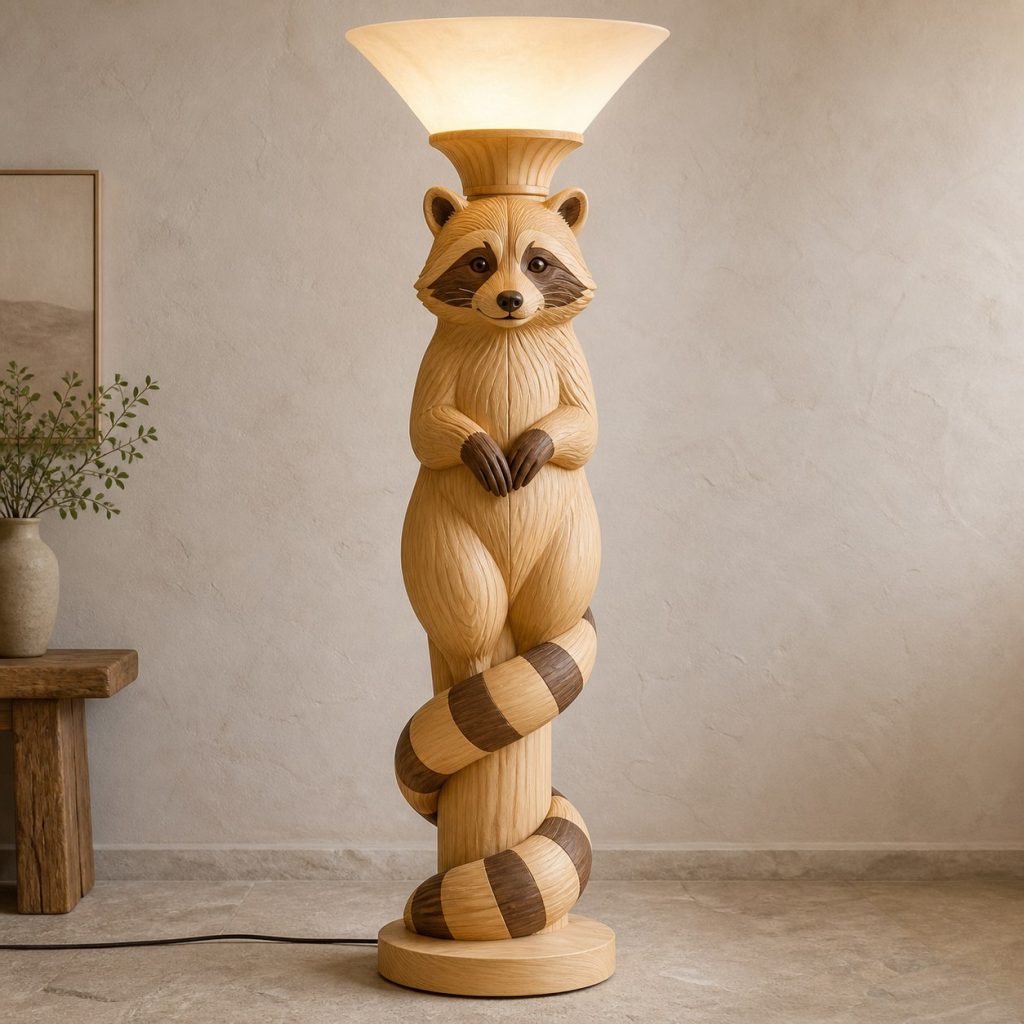 Tall Raccoon Floor Lamp shown as an original square photorealistic raccoon lamp made from natural light-yellow wood with fine grain and warm diffused light