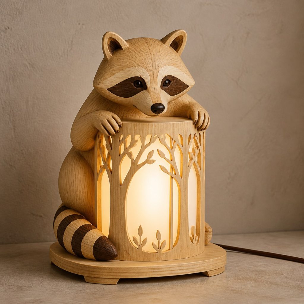 Woodland Raccoon Lantern shown as an original square photorealistic raccoon lamp made from natural light-yellow wood with fine grain and warm diffused light