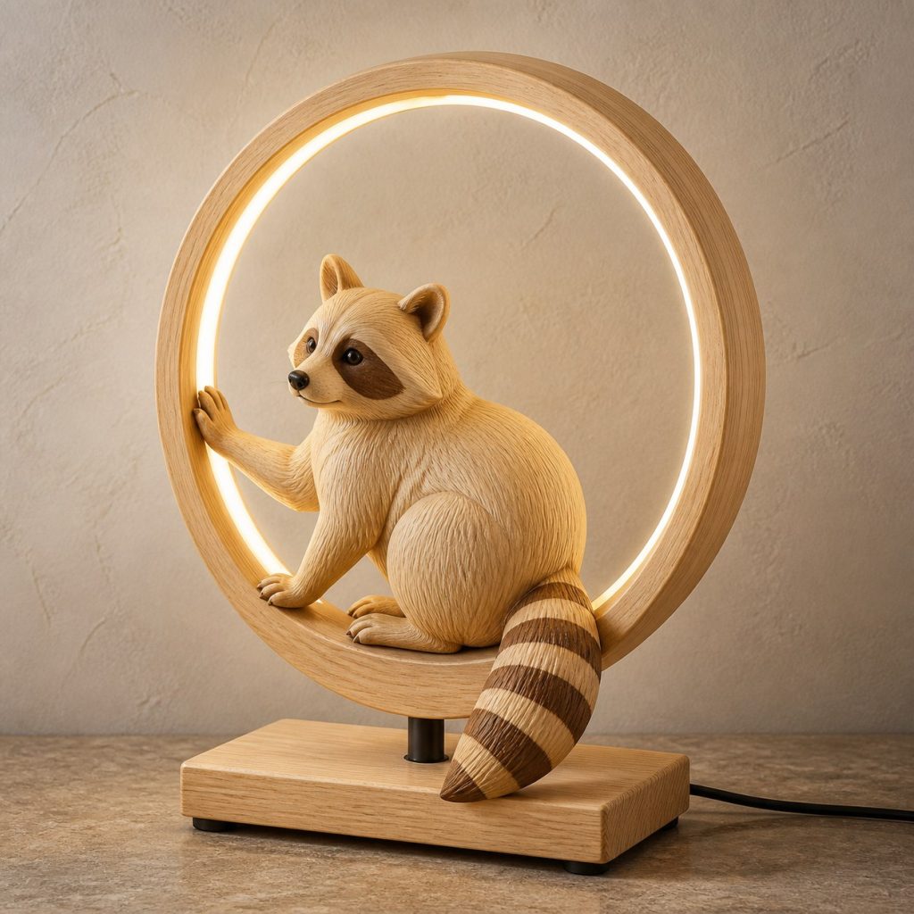 Raccoon Moon-Ring Lamp shown as an original square photorealistic raccoon lamp made from natural light-yellow wood with fine grain and warm diffused light