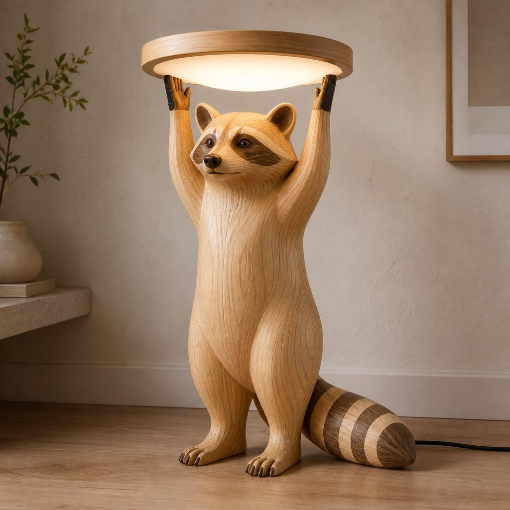 Paired-Paw Raccoon Floor Lamp shown as an original square photorealistic raccoon lamp made from natural light-yellow wood with fine grain and warm diffused light
