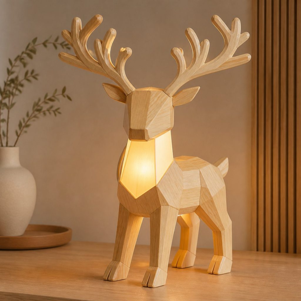 Faceted Reindeer Lamp shown as an original square photorealistic reindeer lamp made from natural light-yellow wood with fine grain and warm diffused light