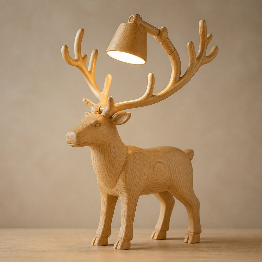 Reindeer-Antler Desk Task Lamp shown as an original square photorealistic reindeer lamp made from natural light-yellow wood with fine grain and warm diffused light