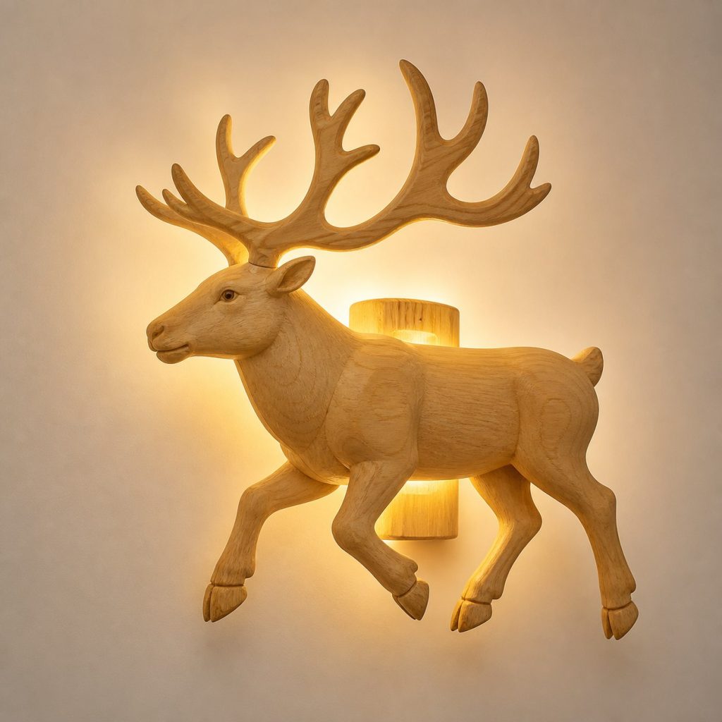 Trotting Reindeer Wall Sconce shown as an original square photorealistic reindeer lamp made from natural light-yellow wood with fine grain and warm diffused light