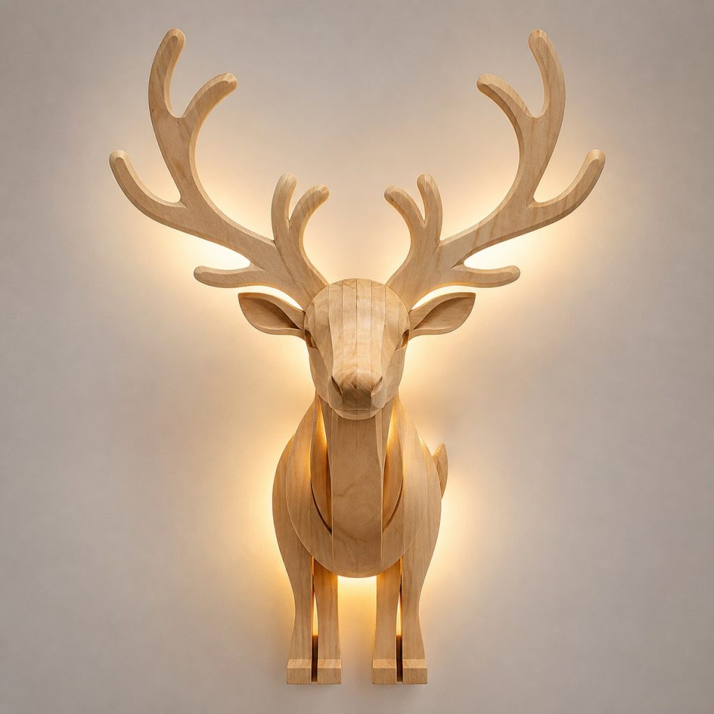 Layered Reindeer Head Wall Lamp shown as an original square photorealistic reindeer lamp made from natural light-yellow wood with fine grain and warm diffused light