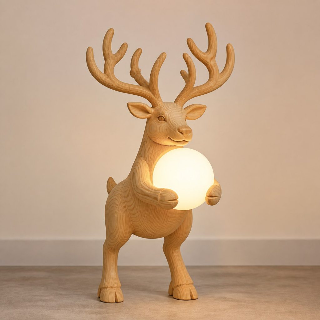 Reindeer Orb Lamp shown as an original square photorealistic reindeer lamp made from natural light-yellow wood with fine grain and warm diffused light