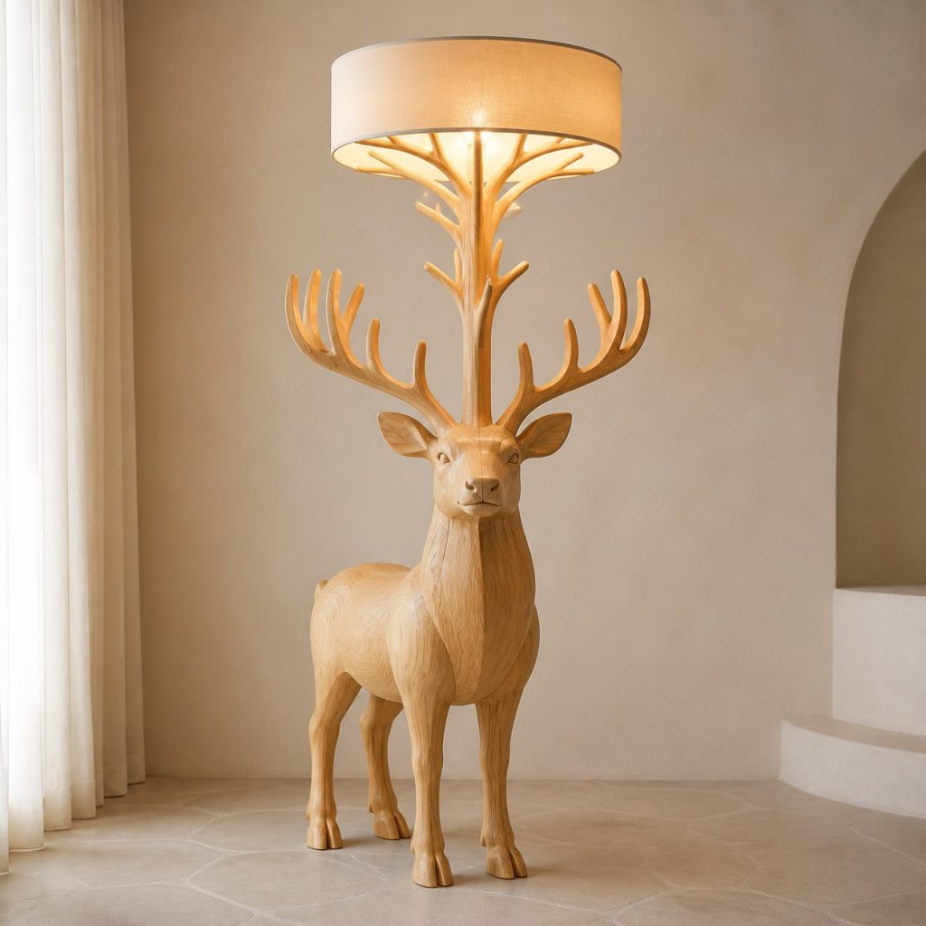 Stacked Reindeer Floor Lamp shown as an original square photorealistic reindeer lamp made from natural light-yellow wood with fine grain and warm diffused light