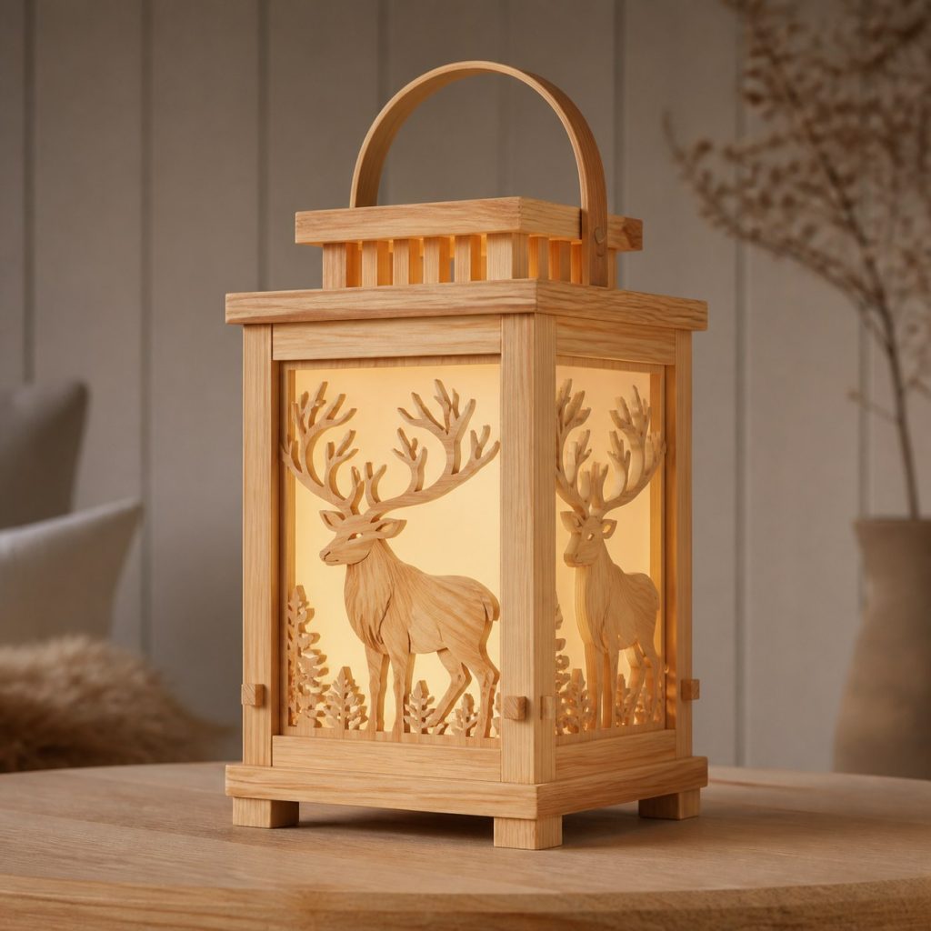 Nordic Reindeer Lantern shown as an original square photorealistic reindeer lamp made from natural light-yellow wood with fine grain and warm diffused light