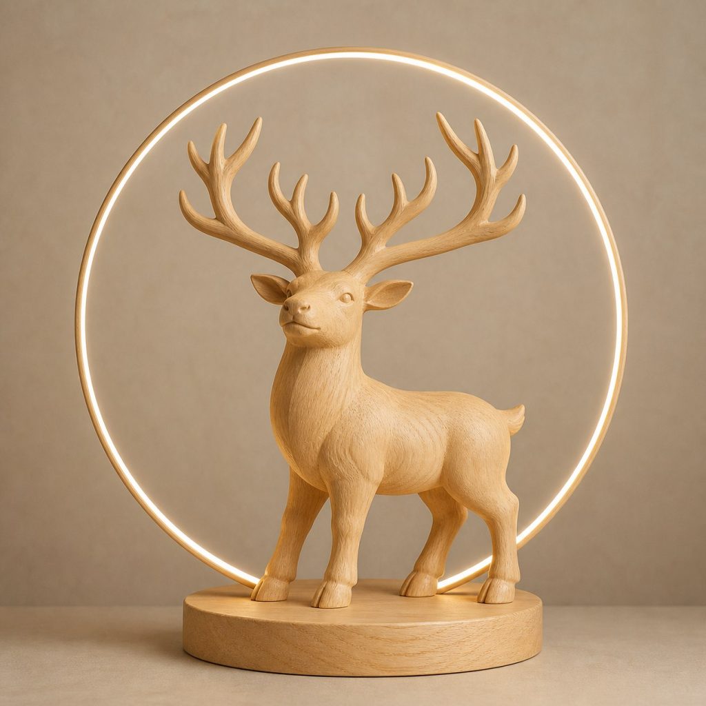 Reindeer Forest-Ring Lamp shown as an original square photorealistic reindeer lamp made from natural light-yellow wood with fine grain and warm diffused light