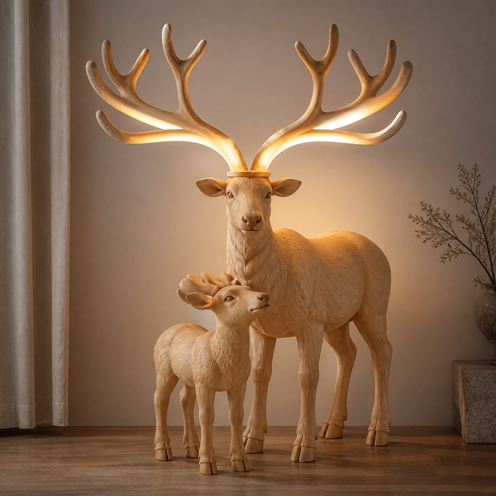 Paired Reindeer Floor Lamp shown as an original square photorealistic reindeer lamp made from natural light-yellow wood with fine grain and warm diffused light