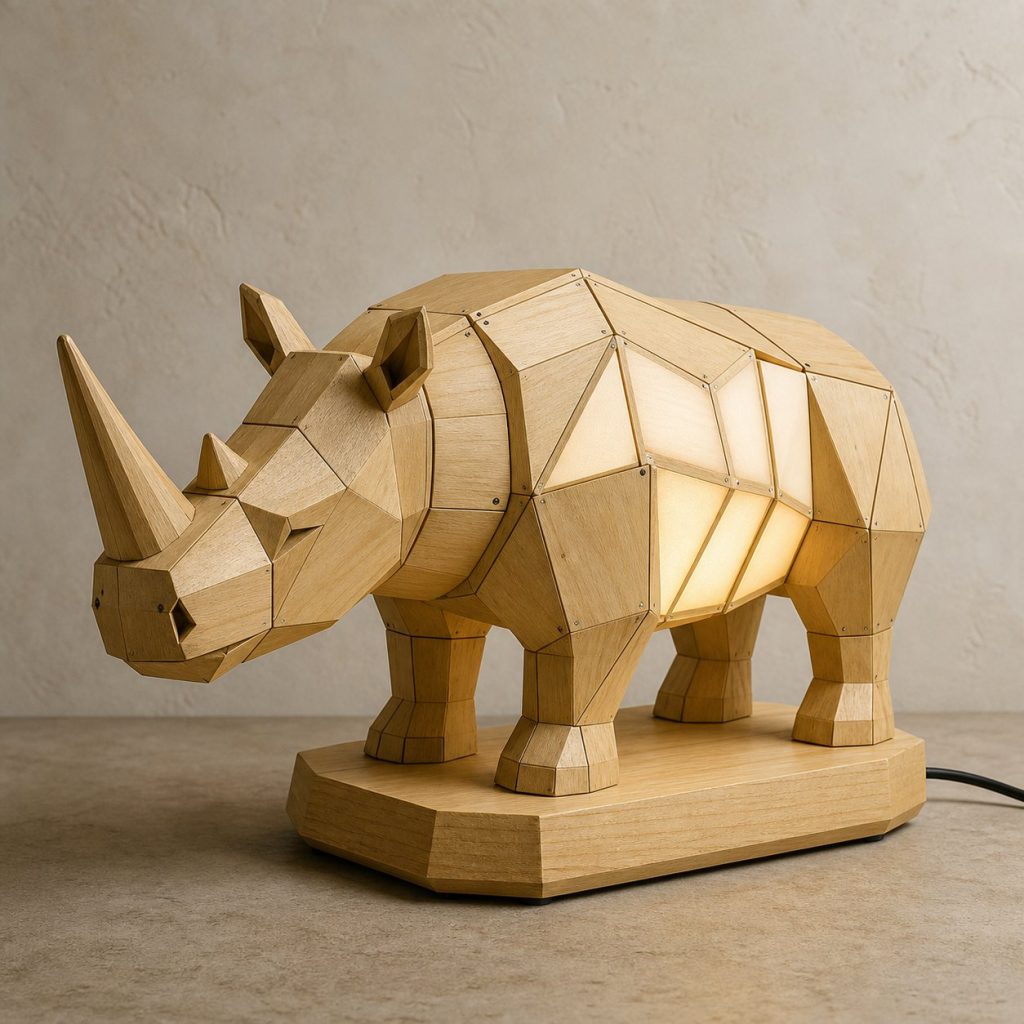 Faceted Rhino Lamp shown as an original square photorealistic rhino lamp made from natural light-yellow wood with fine grain and warm diffused light