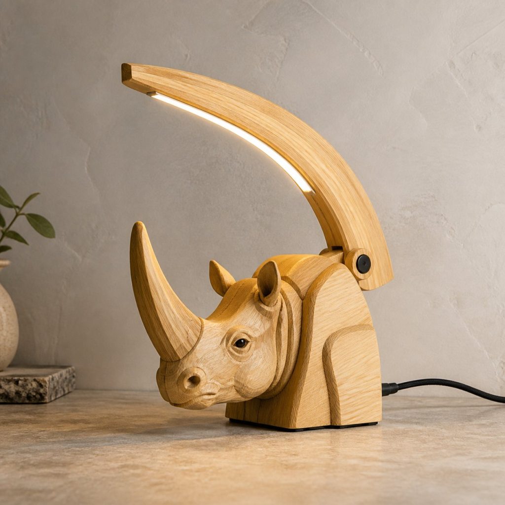 Rhino-Horn Desk Task Lamp shown as an original square photorealistic rhino lamp made from natural light-yellow wood with fine grain and warm diffused light