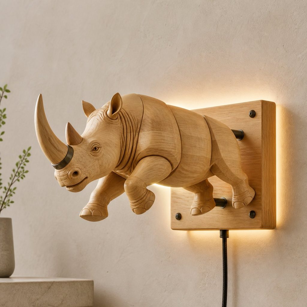 Charging Rhino Wall Sconce shown as an original square photorealistic rhino lamp made from natural light-yellow wood with fine grain and warm diffused light