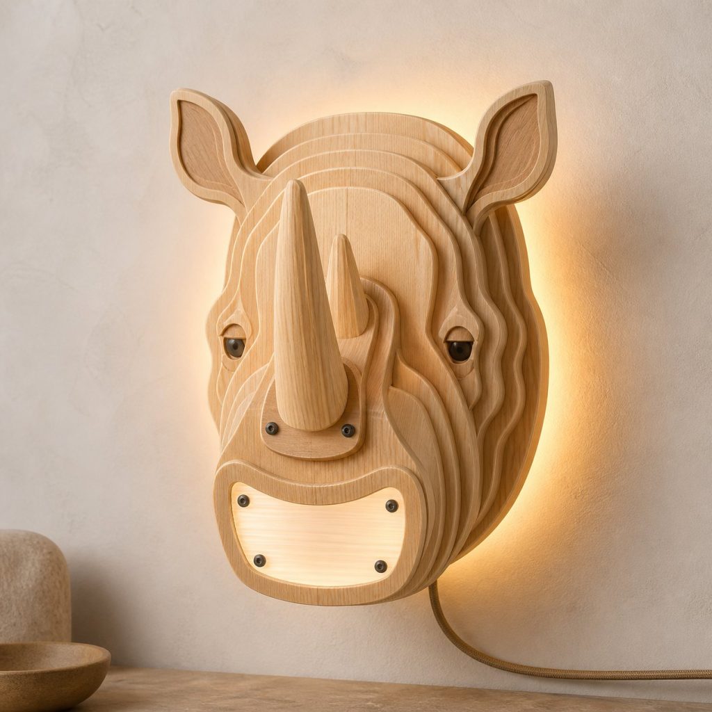 Layered Rhino Face Wall Lamp shown as an original square photorealistic rhino lamp made from natural light-yellow wood with fine grain and warm diffused light
