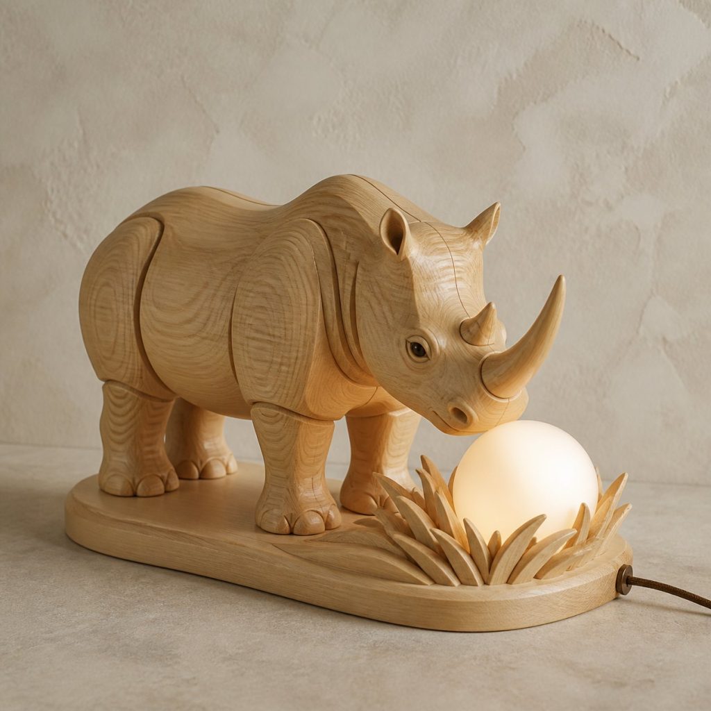 Rhino Savanna Orb Lamp shown as an original square photorealistic rhino lamp made from natural light-yellow wood with fine grain and warm diffused light