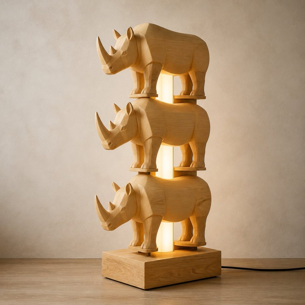 Stacked Rhino Floor Lamp shown as an original square photorealistic rhino lamp made from natural light-yellow wood with fine grain and warm diffused light