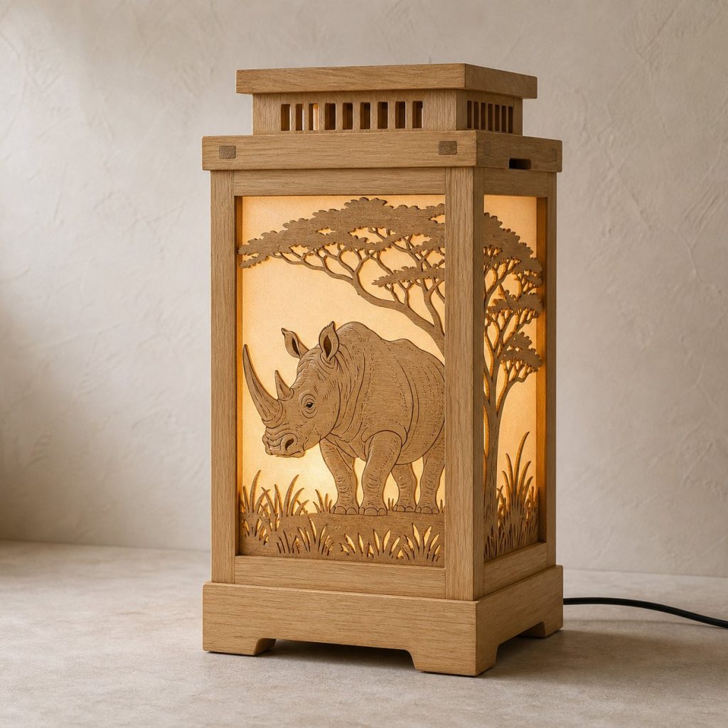 Savanna Rhino Lantern shown as an original square photorealistic rhino lamp made from natural light-yellow wood with fine grain and warm diffused light