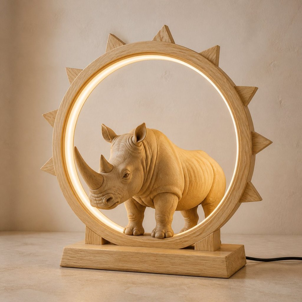 Rhino-and-Sun Ring Lamp shown as an original square photorealistic rhino lamp made from natural light-yellow wood with fine grain and warm diffused light