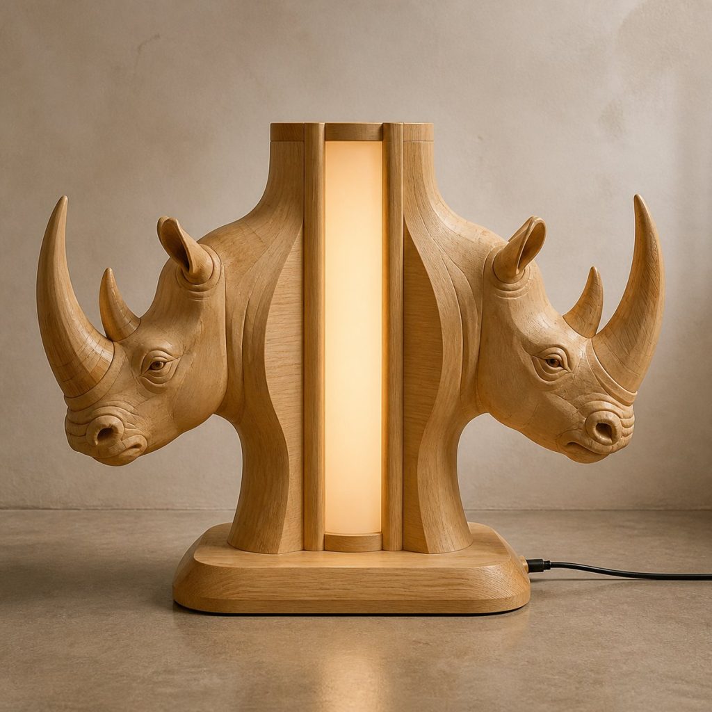 Twin-Horn Rhino Floor Lamp shown as an original square photorealistic rhino lamp made from natural light-yellow wood with fine grain and warm diffused light